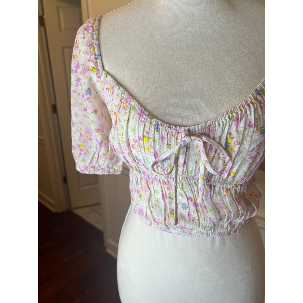 Elodie Floral Puff Sleeve Crop Top Sweetheart Neck Cottagecore Pink White NWT XS - Picture 3 of 8